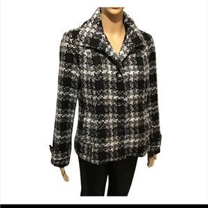 Chico’s Jacket Plaid Black White Silver Thread Womens Size 1